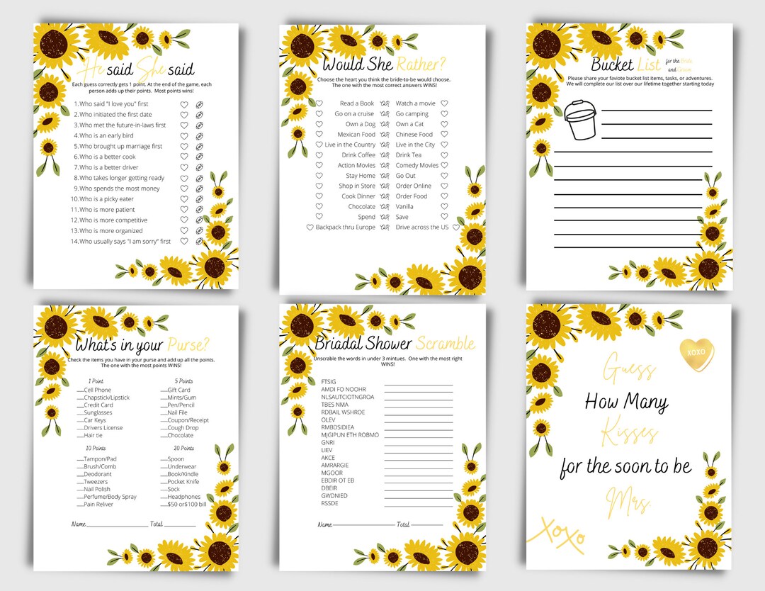 Sunflower Bridal Shower Games Bridal Party Games Printable Etsy