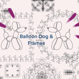 Pode incluir: Um fundo rosa claro apresenta um padrão repetitivo de contornos de cães balão e molduras decorativas. As palavras "Balloon Dog & Frames" estão em azul escuro. Raias roxas emanam dos cães balão.
