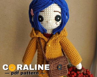 Crochet Coraline, Coraline doll, Coraline pattern, crochet interior doll, cartoon doll crochet, interior doll pattern, crochet doll pattern
