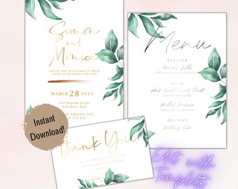 Botanical Wedding Invitation Bundle in Green and Gold Instant Download Editable with Templett