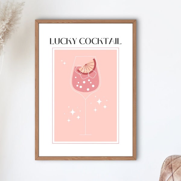 Lucky Cockatil Poster - Coquette Pink Cocktail Art Print, Chic Bar Decor, Quirky Wall Art, Fancy Drink, Kitchen Print, Instant Download