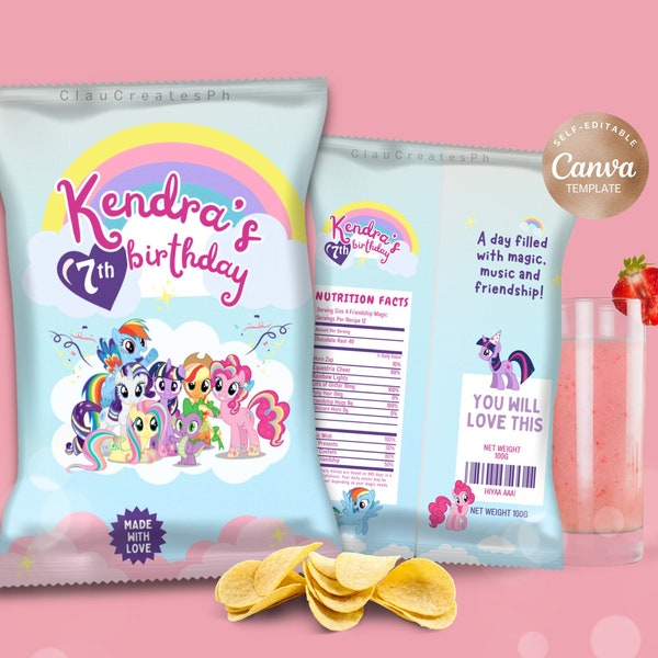 Rainbow Unicorn Pony Chip Bag Label, Editable Birthday Favor Souvenir Wrapper, Unicorn Birthday Chip Bag Labels, Printable Birthday Label