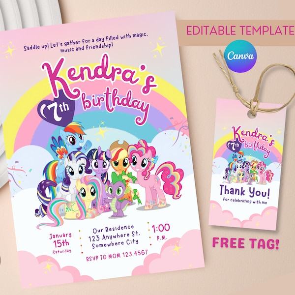 Rainbow Unicorn Pony Printable Invitation Template, Editable Girls Birthday Invitation, Unicorn Little Pony Celebration, Girls Party