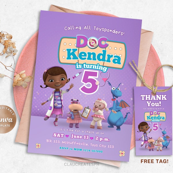 Faire-part d'anniversaire modifiable pour filles Doc Mcstuffins, faire-part imprimable médecin pour enfants, invitation de fête de filles, anniversaire médical, Invitation violette