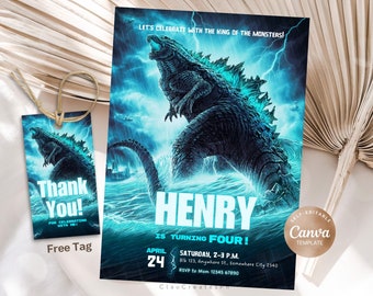 Godzilla Invitation, Godzilla Boys Editable Birthday Invitation, Godzilla Printable Invitation, Boys Monster Party, Godzilla King Invite