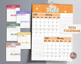 2024 Printable Monthly Calendar, Digital Calendar Sunday Start, Calendar Template Download, Motivational Quotes Calendar, Calendar Download