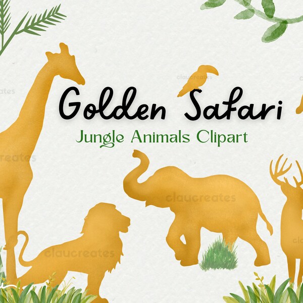 Gold Wild Safari Animals, Gold Shade Safari Animals Silhouette, Safari Animals Clipart, Birthday Design Template, Digital Download