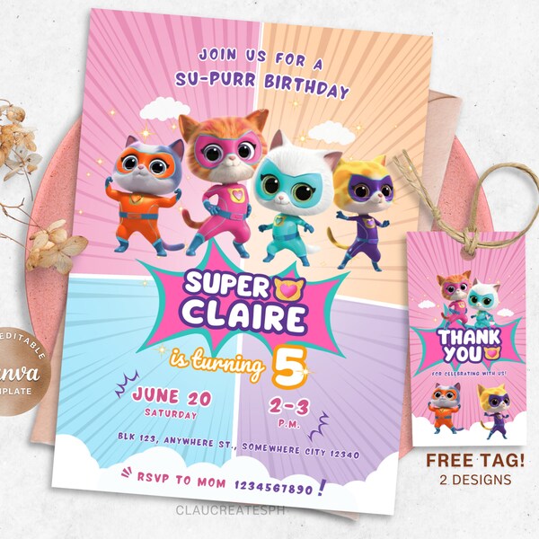 Super Kitties Invitation, Kittens Girls Editable Birthday Invitation, Superhero Cat Printable Invite, Girls Party, Super Kitties Bday Invite