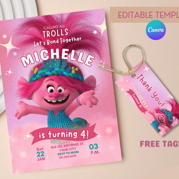 Poppy Pink Invitation Template, Editable Trolls Invite, Digital Electronic Invitation, Printable Invitation, Trolls Girls Party, Editable