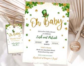 St Patricks Day Baby Shower Invitation, Oh Baby Editable Invite, Baby Shower Printable Template, Green Gold Baby Shower Invitation, Shamrock