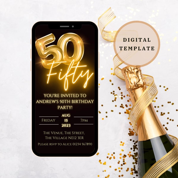 Self Edit 50th Birthday Invitation, Fifty Birthday Invitation, Electronic Birthday Party Invite, Editable Template, Phone Evite Download