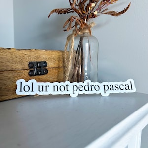May include: White sticker with the text "lol ur not pedro pascal" on a white surface.