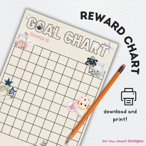 May include: A printable goal chart with a grid and space to write in a reward. The chart is decorated with cute cartoon stickers. The text on the chart says "GOAL CHART" and "REWARD CHART".