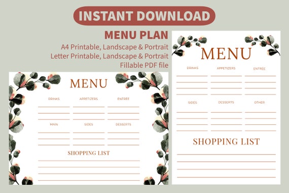 Dinner Party Menu Planner Printable Meal Planner Fillable - Etsy