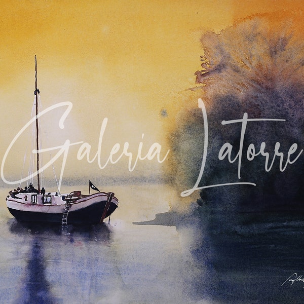 Cuadro de acuarelas de un velero en un lago al atardecer: Contempla un momento. Alta calidad. Art for wall. Watercolor painting of a boat.