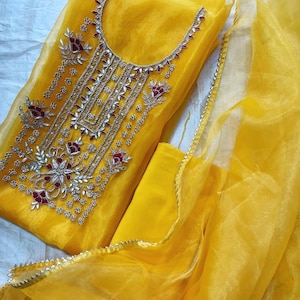 Indian Handmade Yellow Salwar Kameez Beautiful Gota Patti Organza Dupatta, TunicPants, Patiala, Anarkale Shalwar Suit Custom Size Available
