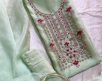 Handmade Organza Salwar Suit, Zardozi & Gotta Patti Work, Custom Size