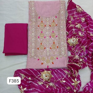Hand Embroidered Indian Salwar Kameez, Punjabi Chanderi Beautiful Gota Patti & Zardozi Work Salwar Kameez Leheriya Dupatta Custom Size