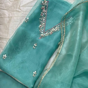 Handmade Organza Salwar Kameez Designer Hand Mirror and Zardozi Work Punjabi Salwar Suit Wedding Party Kurti Dupatta Custom Size Available