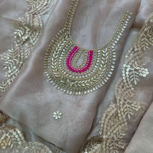 Handmade Organza Salwar Kameez Designer Heavy Hand Gotta Patti Neck Work Punjabi Salwar Suit Wedding Party Kurti Dupatta, Custom Size