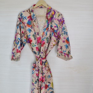 Bohemian Bliss: Handcrafted Reversible Kantha Kimono Robe - Unique Unisex Nightwear and Beach Cover-Up, Long Cotton & Silk Kimono Robe