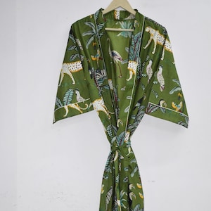 Luxuriöses Lounging: Weicher Baumwoll-Bademantel, ideale Nachtwäsche für Frauen, Sommer-Chic-Dschungel-Print Kimono-Robe, Einheitsgröße
