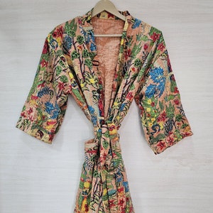 Indian Handmade Kantha Kimono Robe, Reversible Cotton and Silk Patchwork Jacket, Unisex Nightwear, Boho Bathrobe & Beach Cover-Up Gift