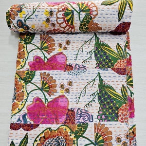 Indian Cotton Quilted Blanket Handmade Bedspread Kantha Work Bohemian Bed cover Throw Blanket Boho Quilt Chic Bedding Coverlets