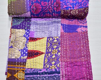 Bohemian Silk Kantha Quilt: Handmade Patchwork Sari Blanket
