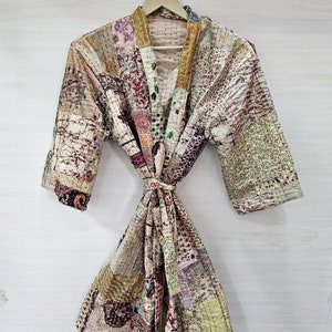 Indian Kantha Kimono Bathrobe, Handmade Reversible Cotton Silk Boho Kimono Jacket, Beach Cover-Up & Nightwear, Unisex Japanese Kimono Robe