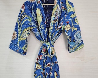 Handmade Kantha Kimono Robe – Reversible Cotton Patchwork Boho Jacket