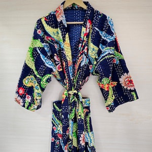 Kantha Cotton Long Length Kantha Kimono Jacket Unisex Robe Handmade Sustainable Eco-fashion Boho Gift Japanese Garden Barth robe Kimono