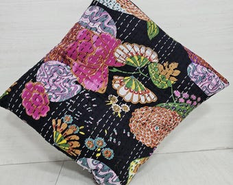 Funda de almohada Kantha hecha a mano – Cojín de algodón estilo patchwork bohemio