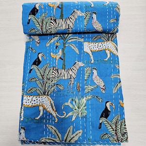 Handmade Cotton Kantha Throw Blanket Reversible Boho Bedding Decor Blanket Handmade Queen/King Quilt Home Decor