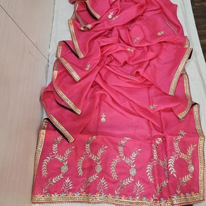 Designer Silk Saree with Heavy Gotta Patti Work, Pink Handmade Bridal Sari, Traditional Indian Wedding Wear, Festival Fancy Ethnic Saree