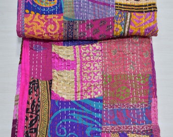 Boho patchworkowa jedwabna narzuta Kantha, vintage'owa indyjska narzuta na łóżko