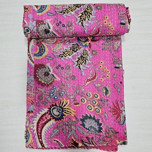 Handmade Cotton Kantha Throw Blanket Reversible Boho Bedding Decor Blanket Handmade Queen/King Quilt Home Decor