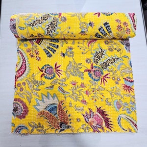 Indian Cotton Quilted Blanket Handmade Bedspread Kantha Work Bohemian Bed cover Throw Blanket Boho Quilt Chic Bedding Coverlets