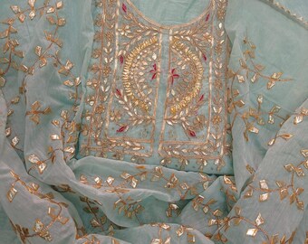 Hand Embroidered Chanderi Salwar Kameez, Gota Patti Zardozi Work