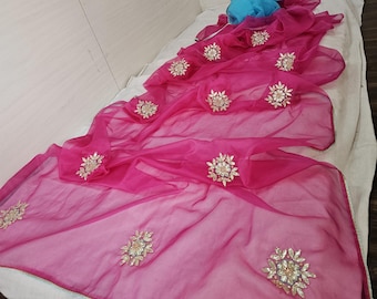 Organza Saree mit Handstickerei, Designer Indischer Sari, Hochzeitsgast Saree, Festliche Party Garderobe für Frauen