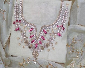 Embroidered Chanderi Kurta Dupatta Suit - Zardozi Pearl Neck Work