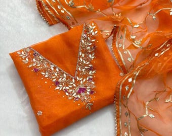 Handwork Organza Salwar Kameez, Gotta Patti & Zardozi Work, Custom Size