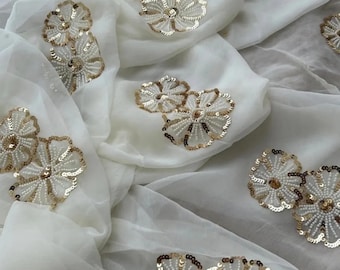 Handmade White Chiffon Saree, Gota Patti Embroidery, Indian Wedding Wear