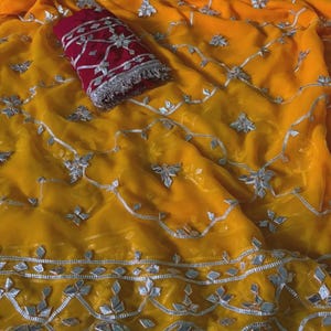 Bollywood Designer Party wear Chiffon Floral Handwork Saree with Unstitch Blouse, Handcrafted Chiffon Saree - Perfect for Special Occasions