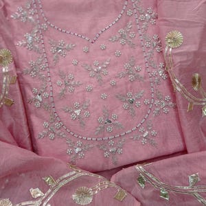 Peach Chanderi Kurti Dupatta Set, Handmade Zardozi Pearl Outfit