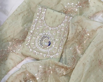 Hand Embroidered Chanderi Salwar Kameez, Gota Patti Zardozi Work, Custom Size