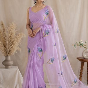 Sari de gasa con diamantes hecho a mano y bordado / Traje de boda indio / Sari de gasa con lentejuelas y blusa sin coser / Sari de Bollywood