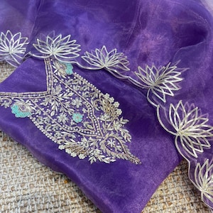 Handmade Organza Salwar Kameez Designer Hand Embroidery Neck Work Punjabi Salwar Suit Wedding Party Kurti Dupatta, Gotta Patti Work Suit