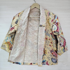 Indian Cotton Handmade Coat, Long Sleeve Hand Stitch Front Open Jackets, Bohemian Style Jacket, Unisex Short Quilted Kantha Jacket