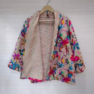 Woman&#39;s Clothing Jacket, Indian Kantha Open Jacket, Cotton Quilted Coat, Boho, Hippie, Handmade Flower Print Winter Jacket